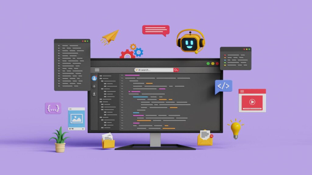 Computer screen with coding and icons